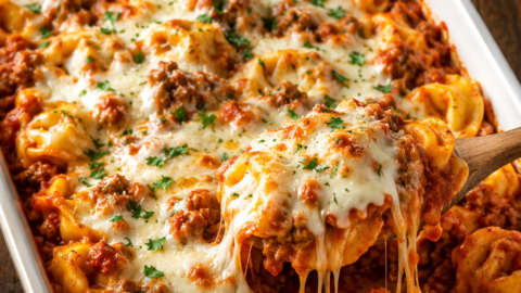 Cheesy Tortellini Casserole With Meat Sauce