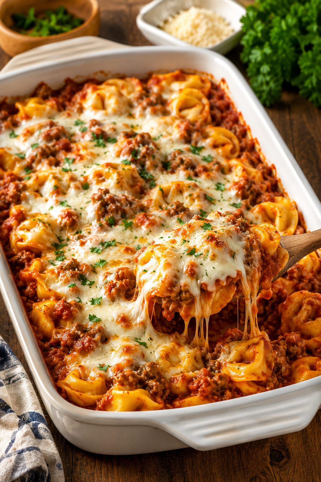 Cheesy Tortellini Casserole With Meat Sauce