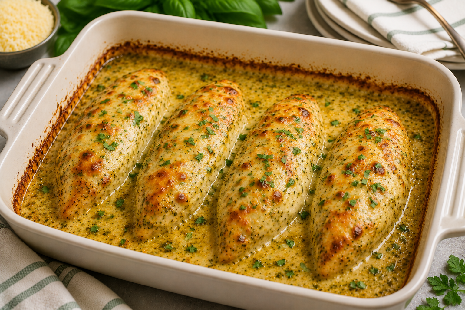 Creamy Pesto Baked Chicken