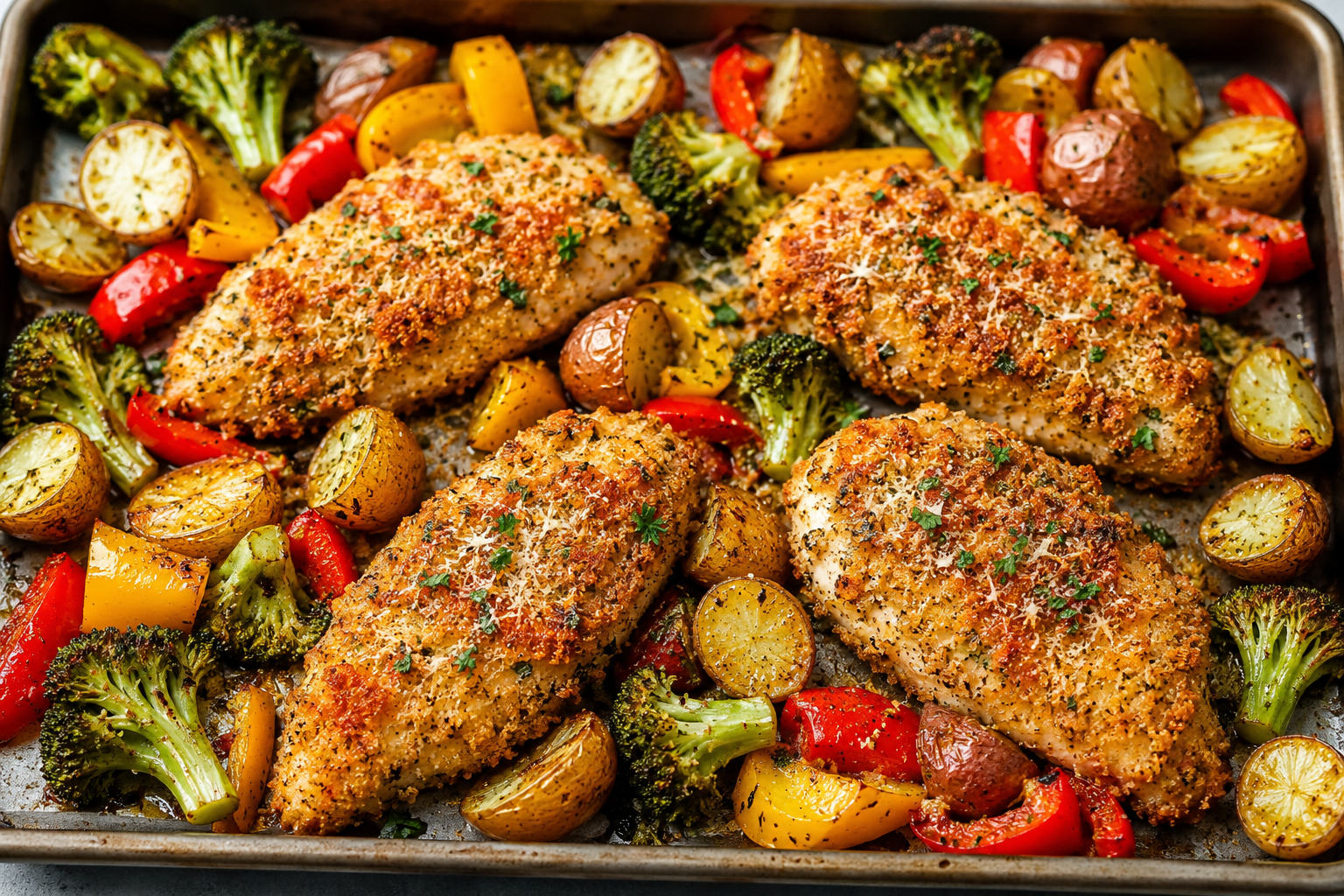 Parmesan Crusted Chicken Sheet Pan Dinner