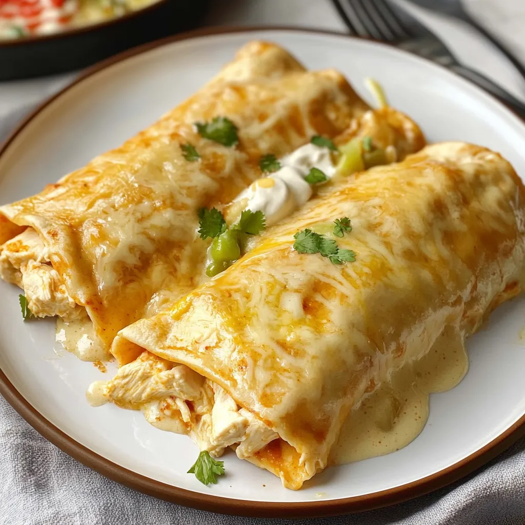 Creamy White Chicken Enchiladas with Sauce